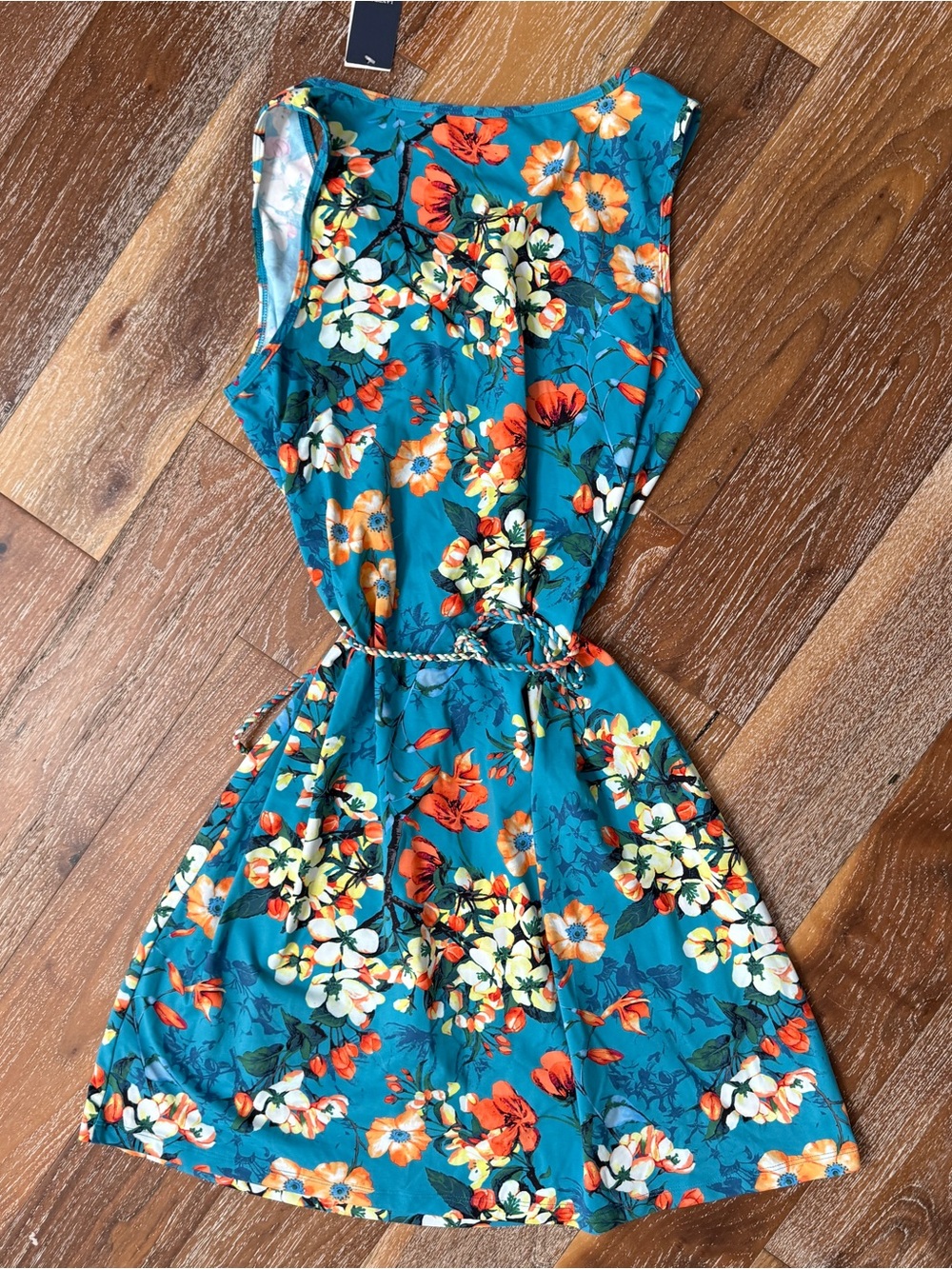 Lands' End NWT Teal Floral Swim Dress / Coverup with Tie Waist UPF 50 / Sz 10-12 - Picture 4 of 10